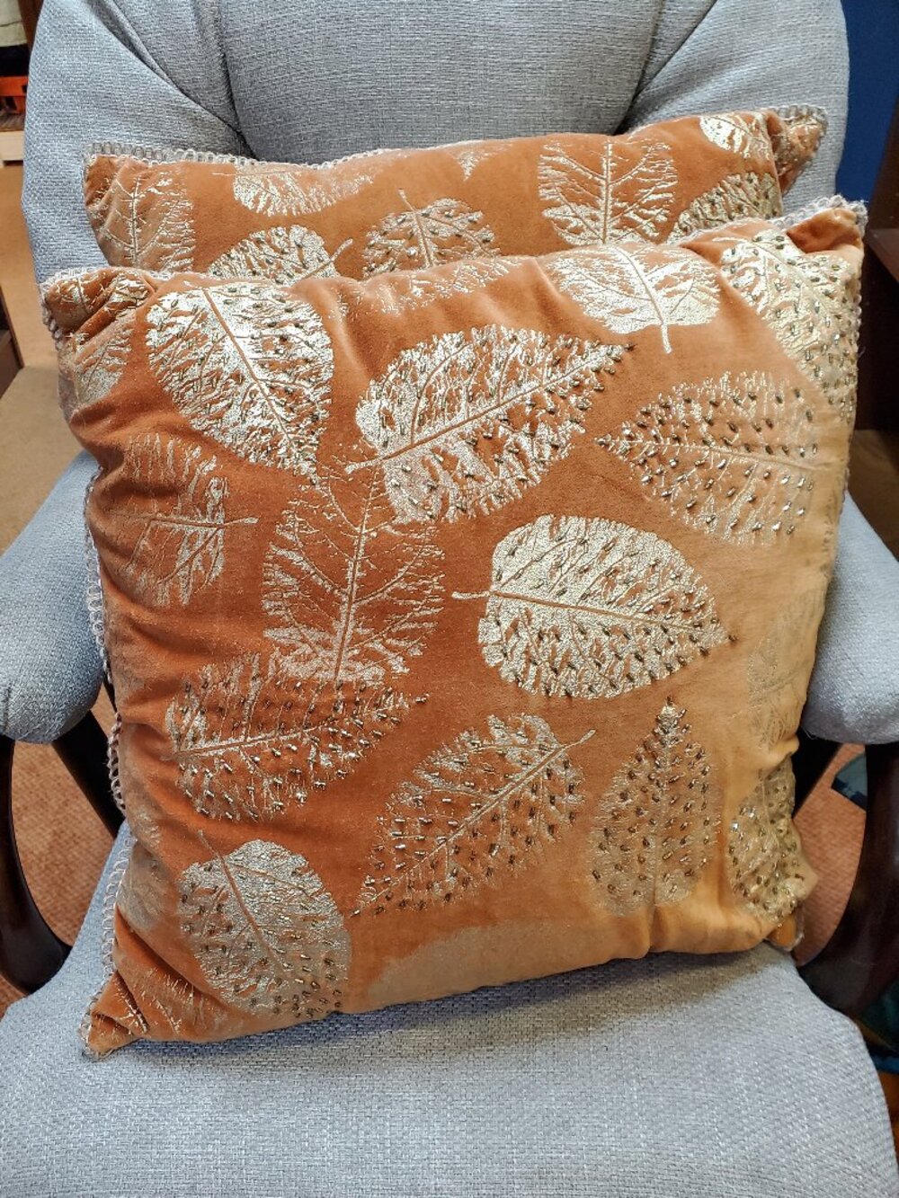 Orange Velvet Embroidered Leaves Set of 2 Throw Pillows